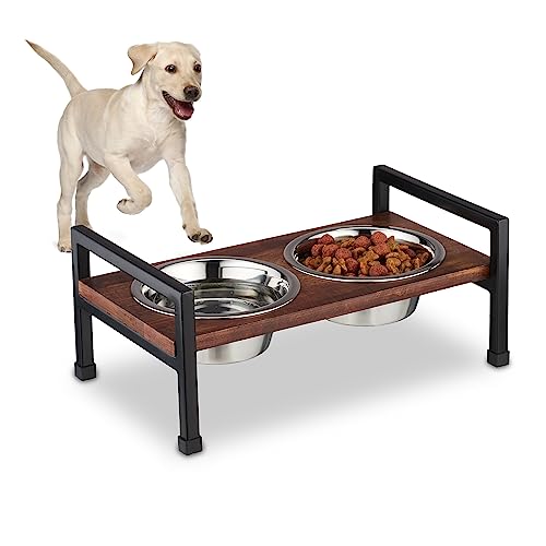 Relaxdays Ciotole Rialzate per Cani, 2 Scodelle, 750 ml, per Animali Domestici, Acciaio e Legno di Mango, Marrone Nero