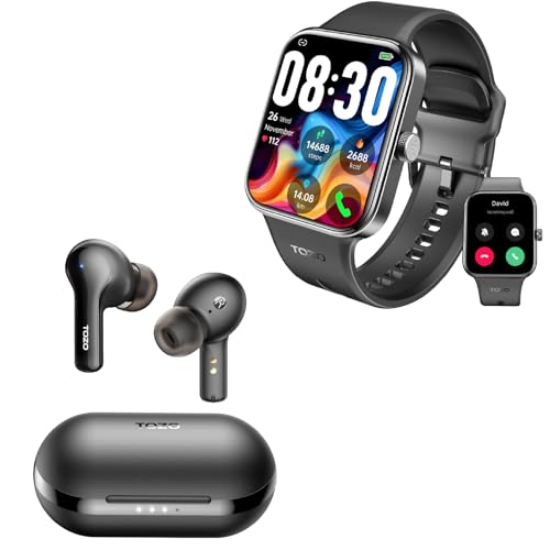 TOZO S4 AcuFit One Smart Watch Call/Answer Fitness Tracke Black + A2 Mini Wireless Earbuds Bluetooth 5.3 in Ear Light-Weight Headphones Black