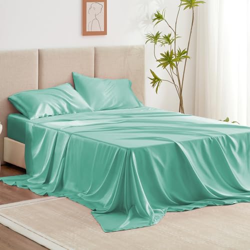 Love's cabin Twin Satin Sheets Sets - 3 Piece Aqua Silky ed Sheets with Deep Pockets, Luxury Silk Feel Satin Twin Size Sheet Set Bedding Set (1 Flat Sheet,1 Fitted Sheet,1 Pillow case)