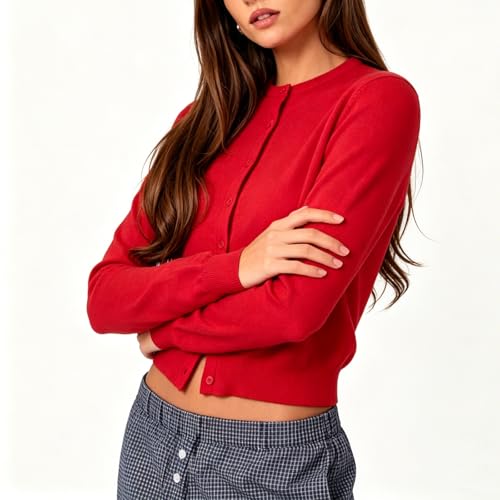 Image of Women's Y2K Lightweight Button Down Long Sleeve Casual Crew Neck Soft Knit Fall Cardigan Sweater Tops