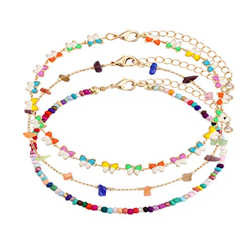 Image of Boho Beaded Ankle Bracelet Beach 18 K Gold Plated Anklet Bracelets Handmade Colorful Seed Beads Butterfly Evil Eye Heart Link Chain Anklet Pack Cute Summer Foot Jewelry for Women