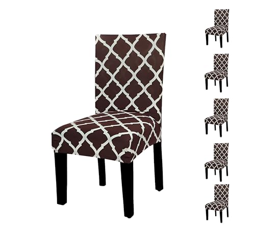 Image of Chair Cover Set of 6 for Dining Table, Stretchable Removable Washable Anti-Slip Universal Fit Printed Polyester Spandex Slipcovers (Brown Diamond)