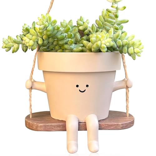 Swing Face Planter Pot Hanging Cute Flower Head Planters - Unique Sitting Sway Pots Indoor Outdoor Plants Succulent Pot String of Pearls Plant Live Resin Flower Pots Gift Ideals for Mother Christmas