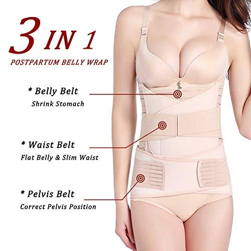 3 in 1 Postpartum Belly Wrap, Women C Section Girdle Belt Post Partum Support Recovery Band Beige