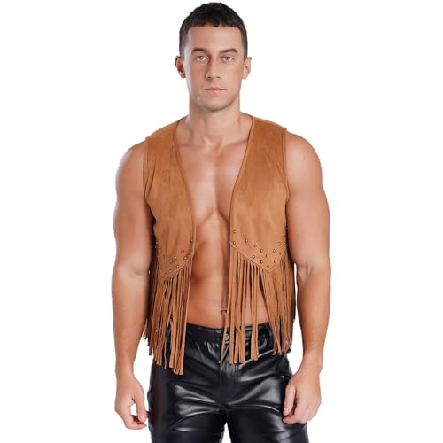 Sywiyi Chaleco de ante para hombre, sin mangas, con flecos, para carnaval, vintage, bohemio, hippie, marrón, XXL