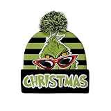 Livcoz Christmas Cartoon Character Knit Beanie for Men Women, Xmas Black Green Stripes Cuffed Stretchy Woolen Yarn Winter Warm Hat with Pompom, Soft Knitted Crochet Cap for Adult