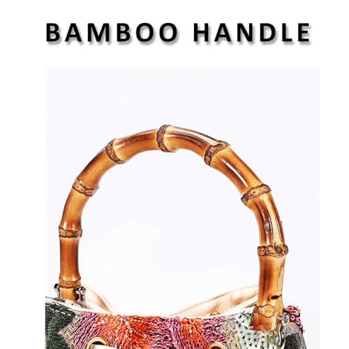 Image of Crossbody Bags for Women, Beach Bag, Hand Embroidered Tot Bag, Natural Bamboo carry handle Bucket bag, Bohemian Handbags for Women Vacation Travel Daily Matching(Silver Flowers)