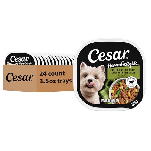 Image of Cesar Home Delights Wet Dog Food, New York Strip Steak, 3.5 oz, 24 Count | Real beef #1 ingredient, vegetables in sauce, easy to digest, no fillers /added sugar /artificial flavors, easy peel trays