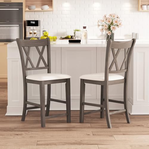 Juego de 2 taburetes de bar de madera Giantex, altura de mostrador de 24 pulgadas, con respaldo cruzado y asiento tapizado en tela de lino, estilo moderno y rústico para isla de cocina, bar en casa y comedor, gris y blanco miniatura 2