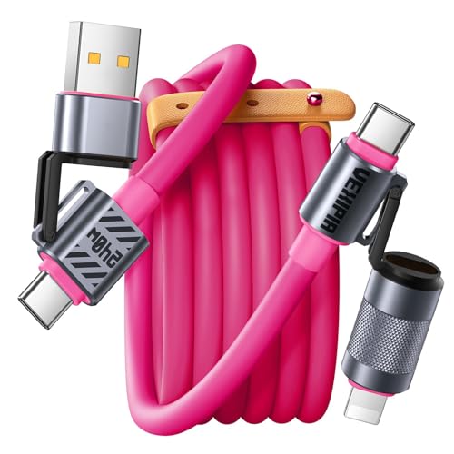 Image of 4 in 1 USB C Cable 240W 5FT Fast Charging & Data Transfer, Thicker Silicone Multi Charger Cord for iPhone iPad Charger Wire Combo with L /Type C /USB A for iPhone 16 /15 /Macbook (Pink)