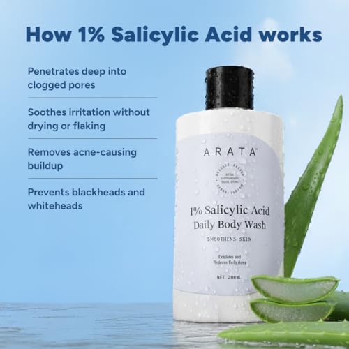 Arata 1% Salicylic Acid Body Wash (600ml) For Body Acne & Dry Skin | Derma Tested|Removes Tan | Exfoliates, Cleanses & Smoothens Uneven & Rough Skin | Shower Gel For Men & Women