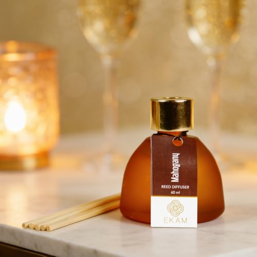 Image of EKAM Mahogany Reed Diffuser Set 60ml | Frosted Glass Bottle with 6 Natural Reed Sticks | Aromatherapy & Stress Relief | Long-Lasting(Up to 30 Days), Smoke-Free Air Freshener for Home, Bedroom & Office