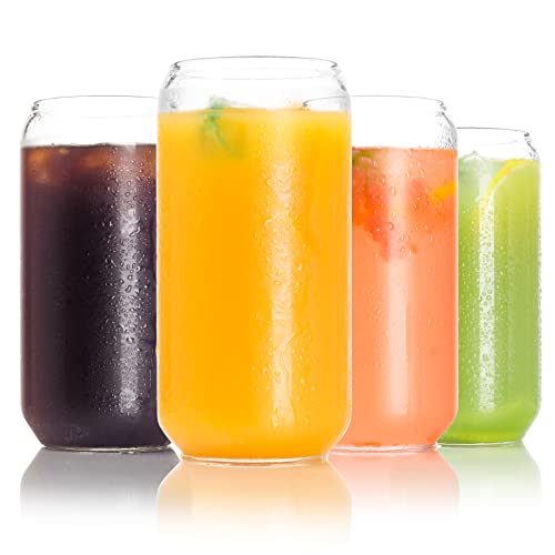 Bewave Drinking Glass Set Of 6, 16Oz Can Shaped Glasses Cups, Iced Coffee Glasses, Beer Tumbler, For Whiskey, Soda, Tea, Juice, Gift, With Lid, Straw And Sleeve #TOP7