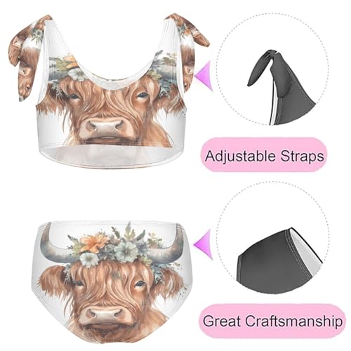 Image of QUGRL Cute Highland Cow Girls Tankini Swimsuit Watercolor 2 Piece Bathing Suits for Girls Bikini Adjustable Straps for Swimming Size 5-6T