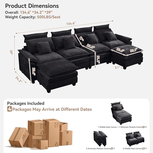 Image of 134'' Cloud Modern 4 Seater Couch with Detachable Headrest, Modular Sectional Sofa with 2 Ottoman, Oversized U Shape Chenille Comfy Sofa with Armrests for Living Room, Dark Grey