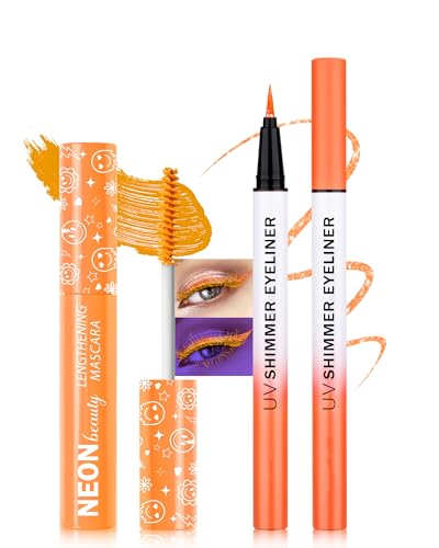 Orange UV Neon Mascara & Eyeliner, Wasserfest Wimperntusche Volume and Lange, Glitter Liquid Eyeliner Bunt, UV Activated Makeup Long Lasting Fluorescent, Festival Zubehör für Party Halloween Karneval Orange UV Neon Mascara & Eyeliner, Wasserfest Wimperntusche Volume and Lange, Glitter Liquid Eyeliner Bunt, UV Activated Makeup Long Lasting Fluorescent, Festival Zubehör für Party Halloween Karneval