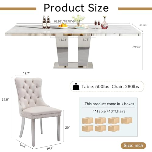 Image of 11-Piece Extendable Dining Table Set for 10, Modern 63 inch-94 inch White Faux Marble Expandable Kitchen Table Set with 10 Velvet Chairs,Large Extendable Dining Room Tables w /Mirrored Columnar Base