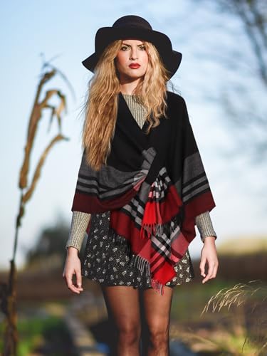 Image of Bestshe Women's Boho Open Front Poncho Plaid Shawl Wrap Cape