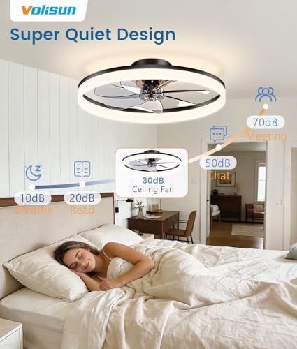 Image of VOLISUN Low Profile Ceiling Fans with Lights and Remote, 27.6in Fandelier Ceiling Fan Flush Mount, 3000K-6500K Smart Bladeless LED Fan Light, Black Modern Ceiling Fans with Lights for Bedroom