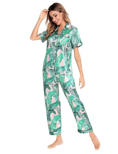 Image of SWOMOG Women Satin Pajamas Set Short Sleeve Top & Pants Sleepwear Silky Button Down Nightwear 2pcs Loungewear Pjs Set Pink Leaves Medium