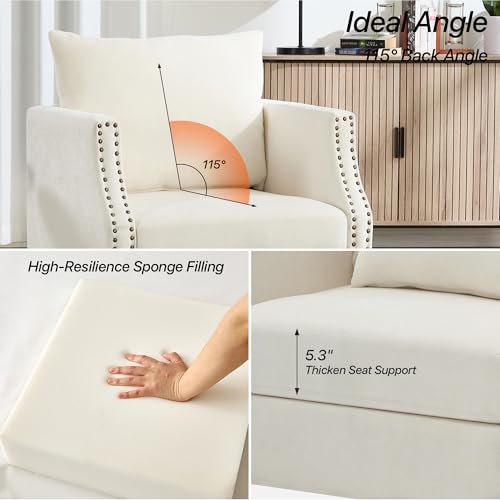 Image of ABET Linen Accent Chairs Set of 2, Mid-Century Modern Reading Armchair with Removable Lumbar Pillow, Upholstered Side Sofa Chair for Living Room Bedroom, Beige