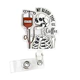 Halloween Badge Reel Skull My Blood Type Is Coffee Gothic Humor Retractable ID Badge Holder for Nurses Doctors Teachers Medical Office Staff Gift
