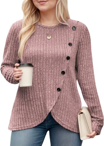 Image of DOLNINE Womens-Plus-Size-Tops Casual Long Sleeve Shirts Trendy Button Side Split Fall Cute Tunic Sweatshirts XL-5XL