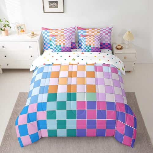Image of Erosebridal Colorful Checkered Full Comforter Set with Sheets 7 Pcs Rainbow Checkerboard Grid Bedding Set Blue Pink Purple Plaid Bed in A Bag for Kids Boys Girls,Geometric Groovy Aesthetic Bed Set