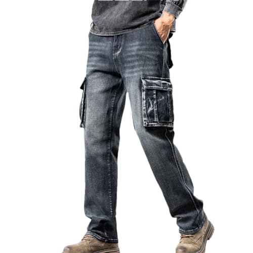 Men’S Outdoor Workwear Jeans Loose Fit Straight Leg Trousers with Pockets Denim Casual Pants