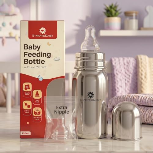 Image of StarAndDaisy Baby Milk Bottle for new Born /Infant /Toddler 150 ML SUS 304 Steel Baby Feeding Bottle for 0+ Months, BPA Free Leakproof Bottle, Anti Colic, Easy to Clean