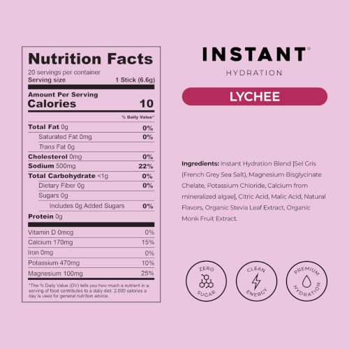 Image of Instant Hydration Sugar Free Electrolytes Powder Packets - Lychee Electrolyte Drink Mix & Travel Essentials - Post Workout Recovery, Brain Health, Muscle & Tissue Support - 20 Sticks