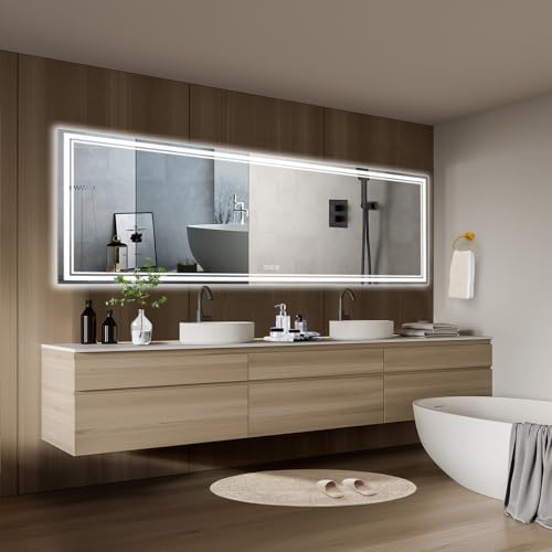 Image of 110x40 Inch Led Mirror for Bathroom with Front Light and Backlit, Bathroom Mirror with Led Lights, Vanity Mirror with Lights for Wall, Anti-Fog, Dimmable, Memory Function, Tempered Glass