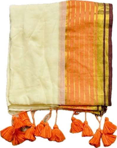 Image of Women's Mul Cotton Saree with Tassels | Soft Mulmul Saree | Woven Stripes & Zari Line | 5.5 Metres - Without Blouse