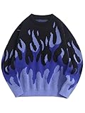 ZAFUL Men's Oversized Graphic Sweater Flame Y2K Aesthetic Crewneck Knit Pullover Unisex Vintage Sweaters Streetwear (0-Blue,S)