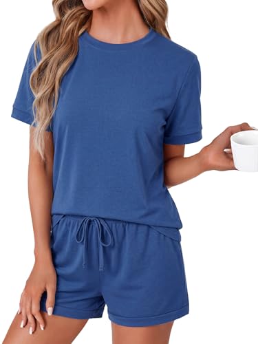 Image of LYANER Pajama Set for Women 2 Piece Lounge Set Striped Crew neck Short Sleeve Tops and Shorts Soft Sleepwear