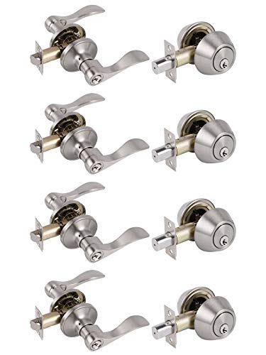 Probrico (Set of 4 )Satin Nickel Exterior Entry Lever and Double Cylinder Deadbolt Combo Pack,Keyed Alike Exterior Lockset Front Door Handleset, Security Door Hardware