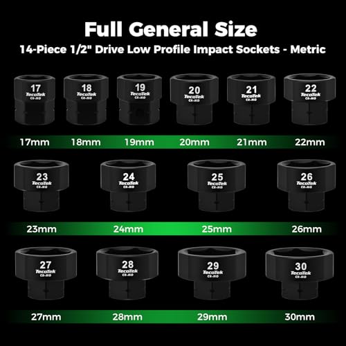 Image of TecoTek 14-Piece 1 /2-Inch Drive Metric Low Profile Impact Socket Set, Stubby Socket Set, 17mm - 30mm, No Skips Sizes, 6 Point, Cr-Mo, Shorter Socket for Tight Areas