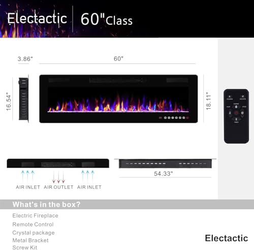 Image of Electactic 60 Inch Electric Fireplace Insert Ultra-Thin - Recessed & Wall-Mounted Fireplace Heater with Thermostat, Adjustable Flame, Remote Control - Linear with Timer, Touch Screen, 750 /1500W