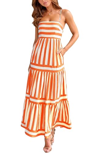Image of KMBANGI Women Striped Sleeveless Maxi Dress Swing Patchwork Midi Dress Smocked Spaghetti Strap Colorful Long Sundress