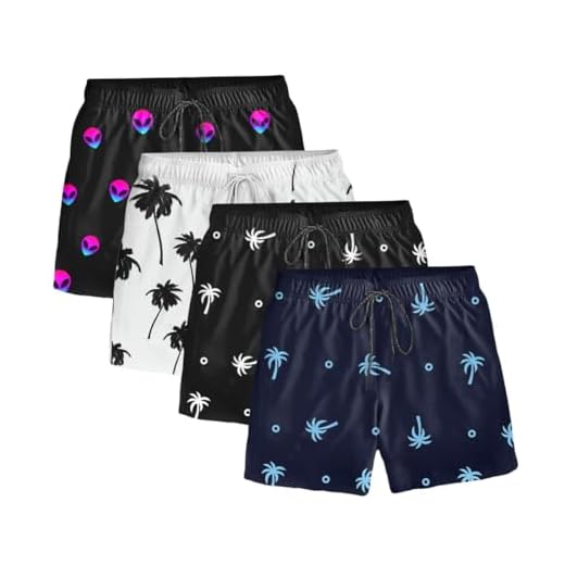 Kit 4 Shorts Plus Size Moda Praia Bermudas Estampada Coqueiros Alien Relaxado (BR, Numérico, 54, Plus Size, Alto, Preto Alien - Gelo Coq- Preto Coq - Azul Coq)