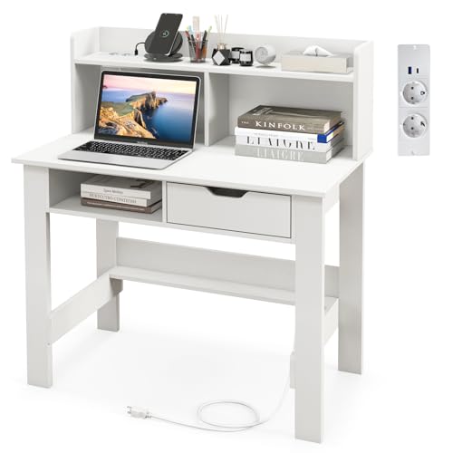COSTWAY Schreibtisch mit Steckdosen, Kleiner Computertisch mit Aufsatz, offenem Fach & Schublade, PC-Tisch, Bürotisch für Home Office, 95 x 56 x 109,5 cm, Weiß (Weiß)