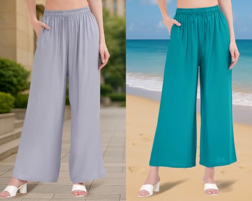 Image of Buy That Trendz Palazzo Pants for Women Rayon Elasticated Regular Fit Flared Wide Leg M to 6XL Pack of 2