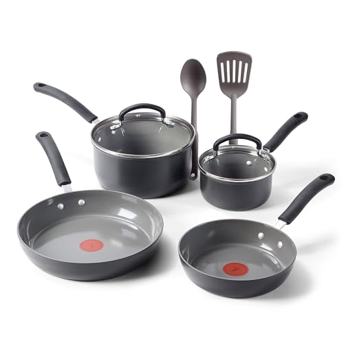 T-Fal Ultimate Hard Anodized Ceramic Nonstick 8 Piece Cookware Set, Oven Safe Up to 400°F, Dishwasher Safe, Pots and Pans Set, Includes Frying Pans, Saucepan, Cooking Utensils, Stone