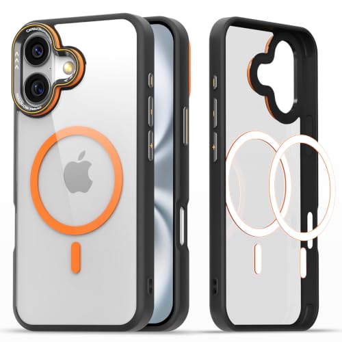 Image of Pikkme Back Cover for iPhone 16 Plus | Shockproof | Mag-Safe Compatible | Hard Transparent Back | Premium Raised Camera Protection | Bumper Case (Black & Orange Mag-Safe)