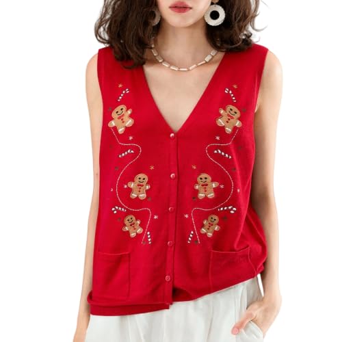 Image of KMBANGI Women Christmas Button Sweater Vest Embroidery Sleeveless Cardigan