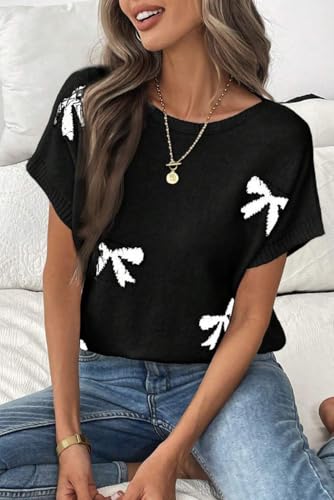 Women Bow Short Sleeve Sweater Lightweight Knit Pullover for Summer Trendy Cute Work Casual Tops3