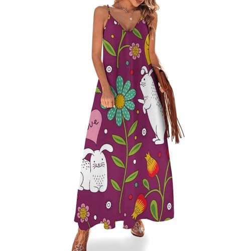 Robe maxi imprimé lapin fleurs robe longue été sans manches pour femme