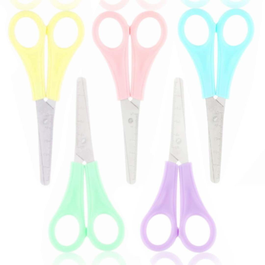 PASTEL School Scissors 1x 5x 10x pack Plastic Handles Stainless Steel Blades Ruler Safety Blunt rounded ends 130mm children kids PINK PURPLE blue green yellow craft (10 works)