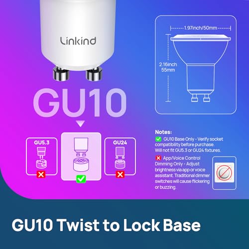 Image of Linkind Matter GU10 Smart Light Bulbs, 40W 470LM Color Changing GU10 LED Bulbs, Works with Alexa /Apple Home /Google Home, Tunable White(1800K-6500K), Music Sync & Light Shows, 2Pack