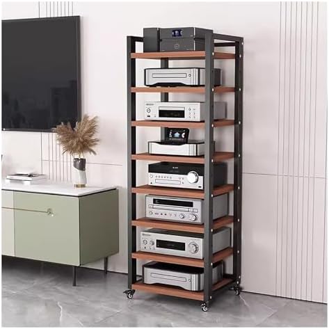 Heavy-Duty Rolling Stereo Components Rack, Tall Media Stand with Adjustable Shelves, Audio-Video Cabinet for Living Room & Office, Black Finish, Durable Storage Solution
